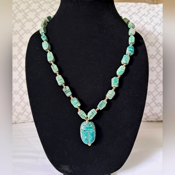 Vintage 1970s Hand Carved Ceramic Bohemian Egyptian Revival Scarab Necklace - Picture 1 of 9